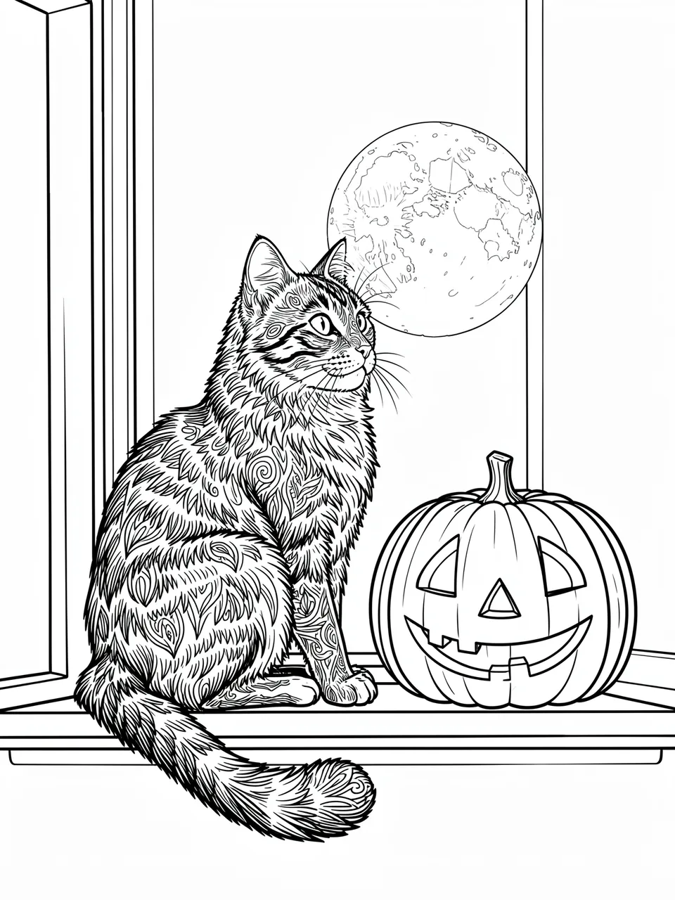 Intricate line art of a patterned cat sitting on a windowsill beside a jack-o'-lantern, looking at a full moon outside.
