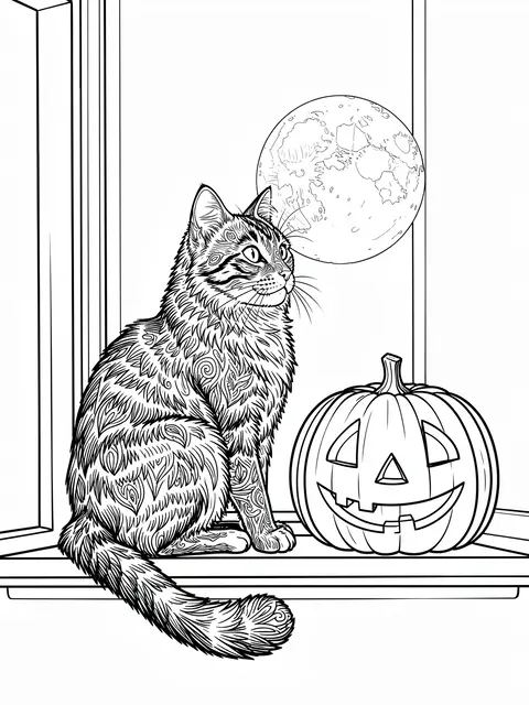 Intricate line art of a patterned cat sitting on a windowsill beside a jack-o'-lantern, looking at a full moon outside.