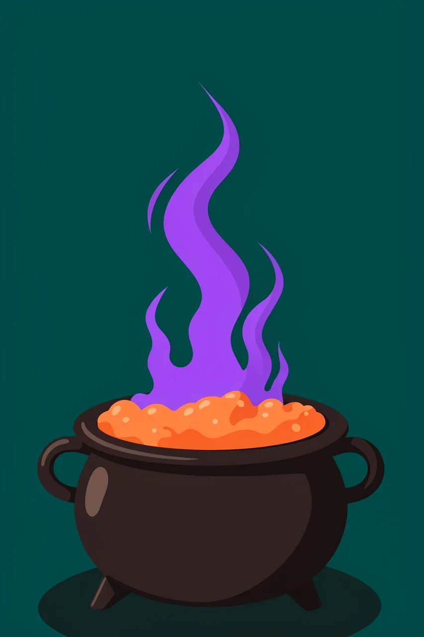 A bubbling cauldron with rising purple steam sits against a dark teal empty background.