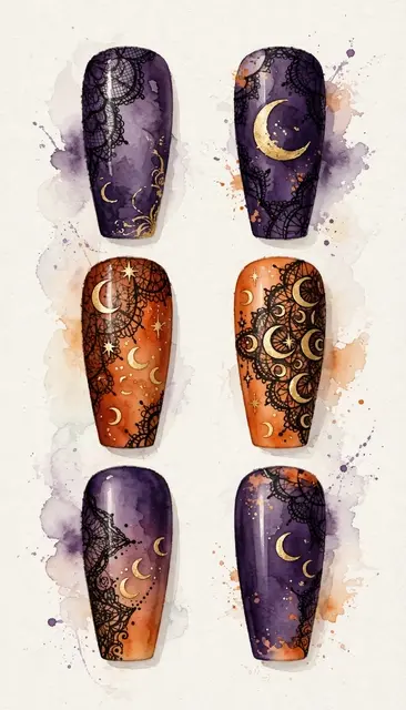 Watercolor illustration of six coffin shaped nail tips with lace, gold moon, purple and orange Halloween designs