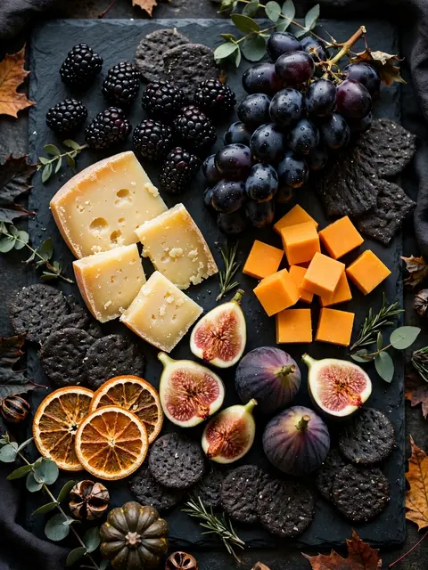 Top-down view of a dark slate charcuterie board arranged with cheeses, fruit, crackers and autumn garnish.