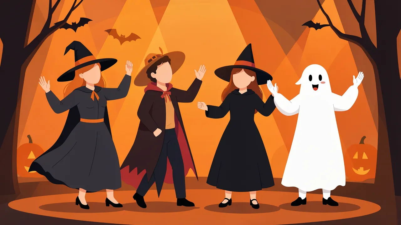 Faceless costumed adults dance together under warm orange Halloween lighting with jack-o'-lanterns and bats in the background
