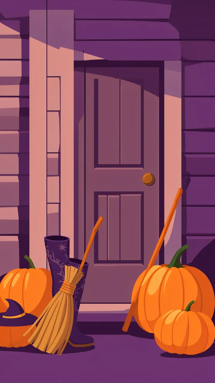 Witch boots, brooms, a hat and pumpkins sit on a cottage doorstep in plum and orange flat vector style