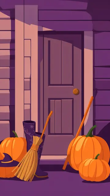 Witch boots, brooms, a hat and pumpkins sit on a cottage doorstep in plum and orange flat vector style