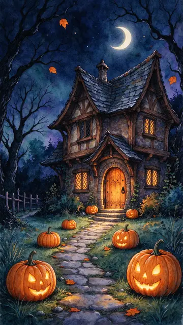 Watercolor illustration of a cozy crooked Halloween cottage with jack-o-lanterns lining the stone path under a crescent moon