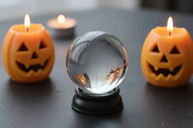 A crystal ball flanked by lit jack-o'-lantern candles sits on a dark table with a small tealight in the background.
