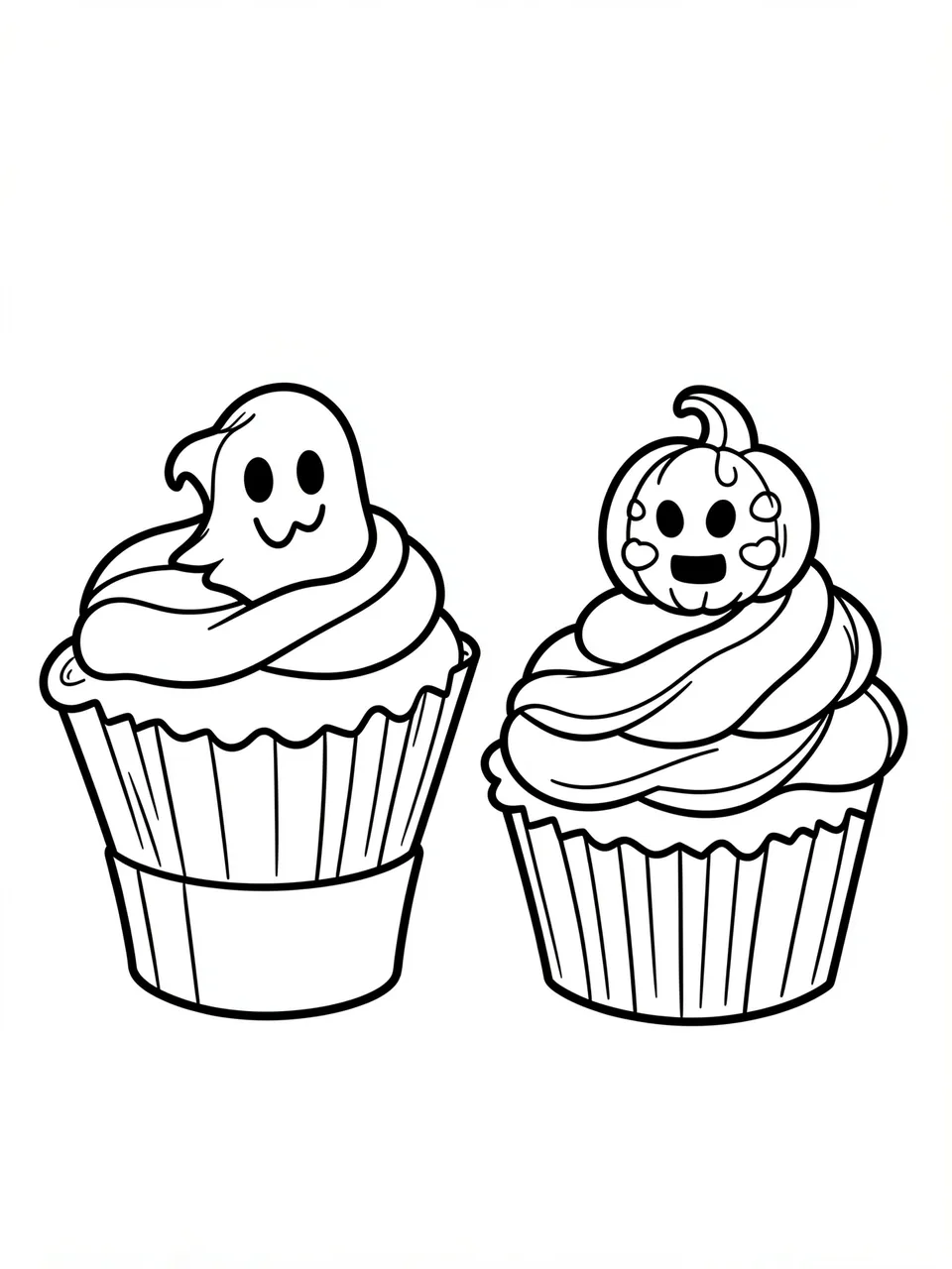 Black and white line art of two cupcakes with ghost and pumpkin toppers on a plain white background