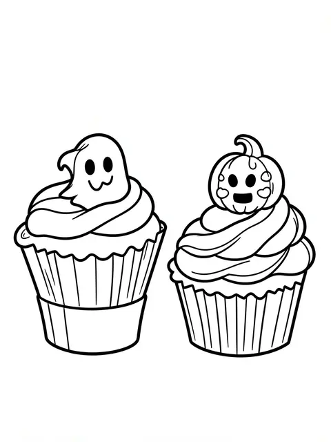 Black and white line art of two cupcakes with ghost and pumpkin toppers on a plain white background