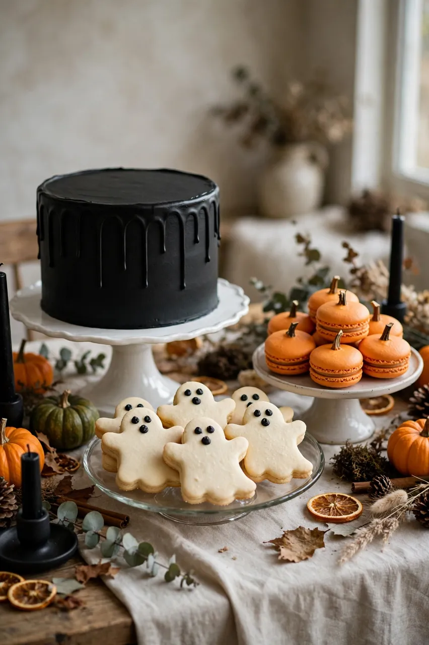 Assorted Halloween themed treats arranged on a decorated wooden table near a sunlit window