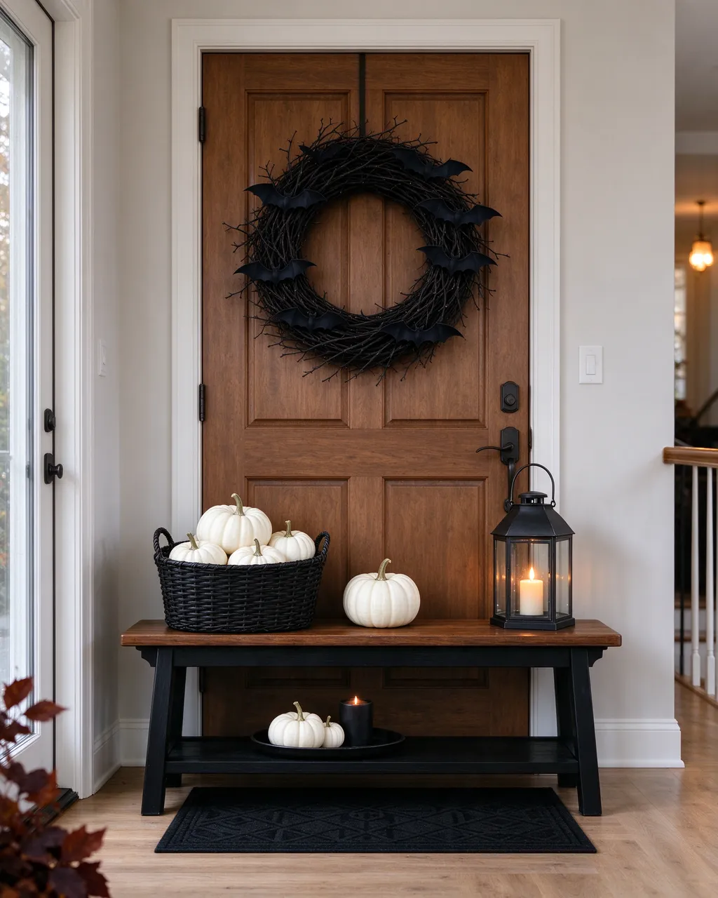 Elegant Halloween entryway decor sits arranged on a wooden bench in a home hallway