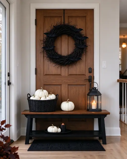 Elegant Halloween entryway decor sits arranged on a wooden bench in a home hallway