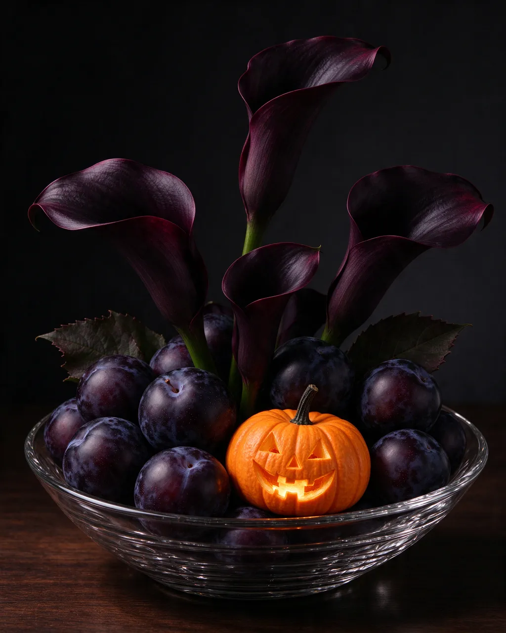A glass bowl holds dark calla lilies, plums, and a tiny lit carved jack-o'-lantern on a dark wood surface