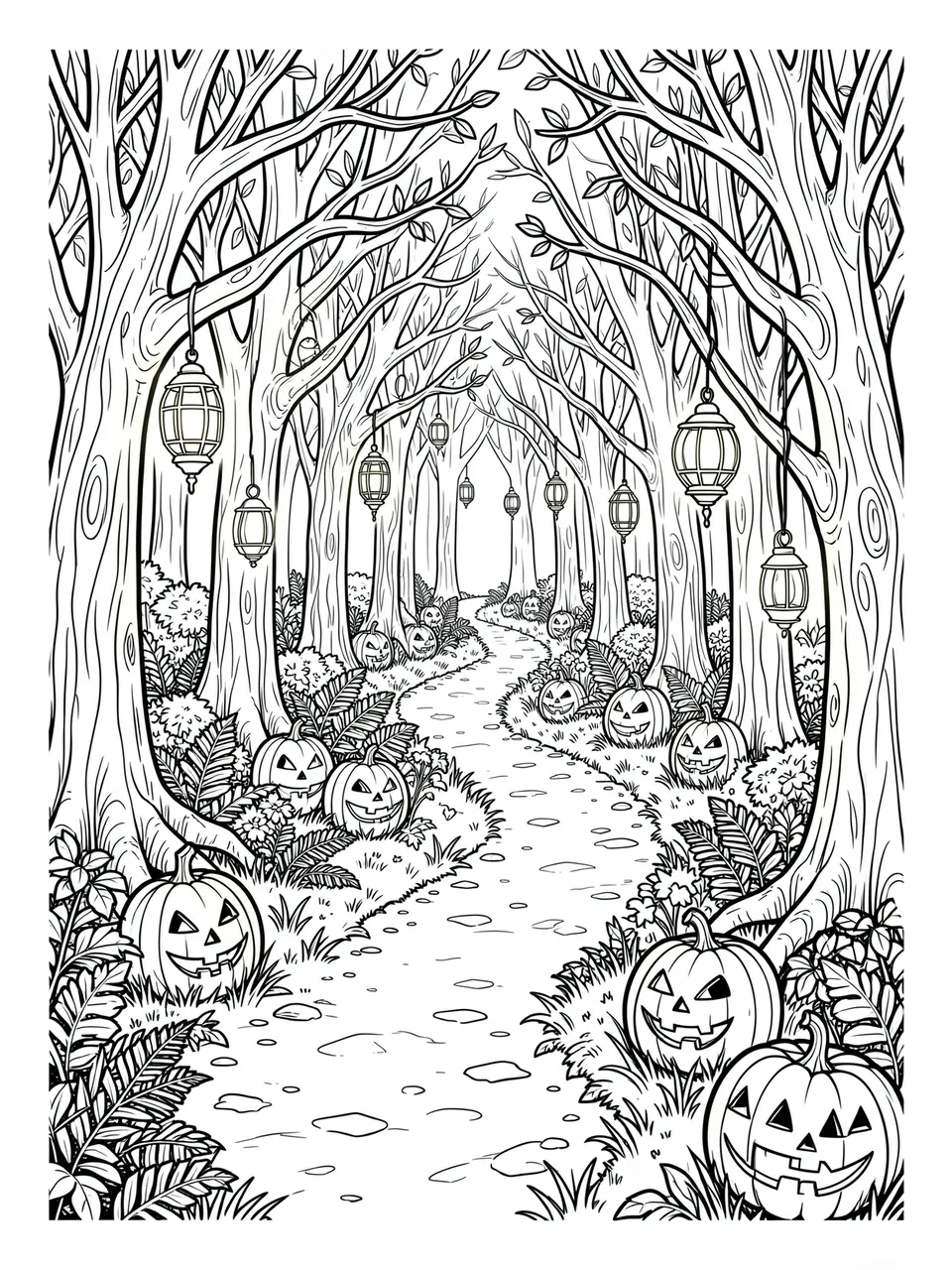 Black and white line art of a winding forest path lined with jack-o'-lanterns and hanging lanterns