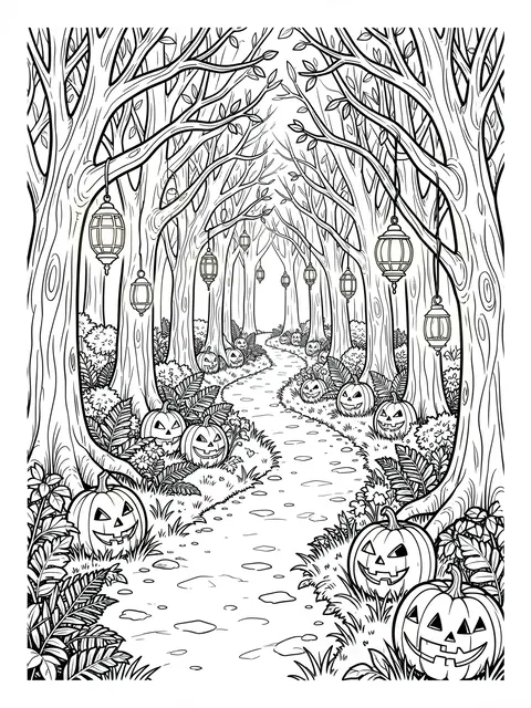 Black and white line art of a winding forest path lined with jack-o'-lanterns and hanging lanterns
