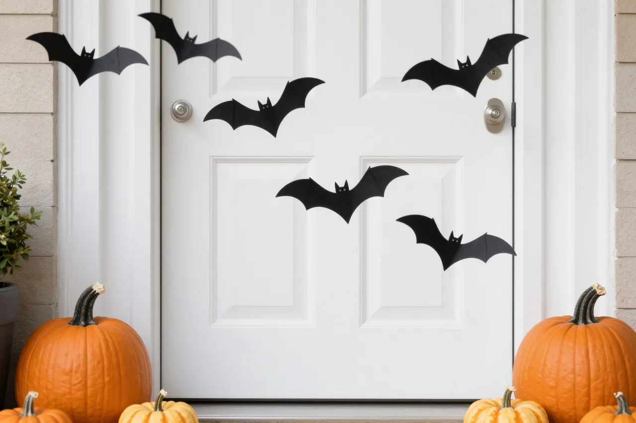 Black paper bat decorations hover above pumpkins arranged on a home front porch in front of a white door.