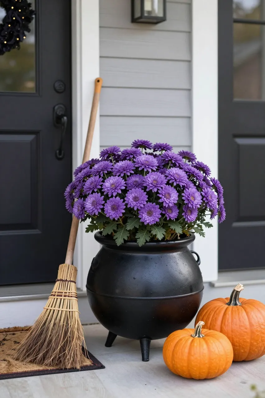 Black cauldron planter with purple mums sits on a front porch next to a broom and orange pumpkins