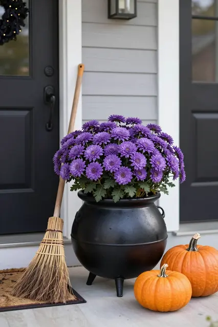 Black cauldron planter with purple mums sits on a front porch next to a broom and orange pumpkins