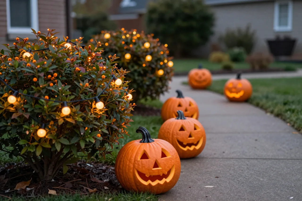 Lit jack-o'-lanterns line a residential sidewalk next to shrubs strung with orange string lights at dusk