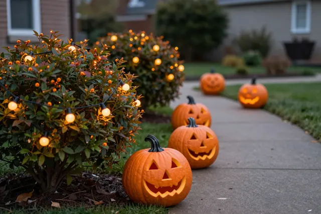 Lit jack-o'-lanterns line a residential sidewalk next to shrubs strung with orange string lights at dusk