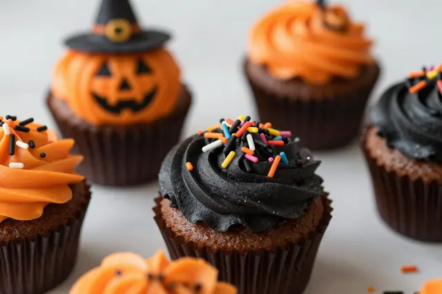 Arranged Halloween cupcakes with black and orange frosting and festive sprinkles rest on a light neutral surface