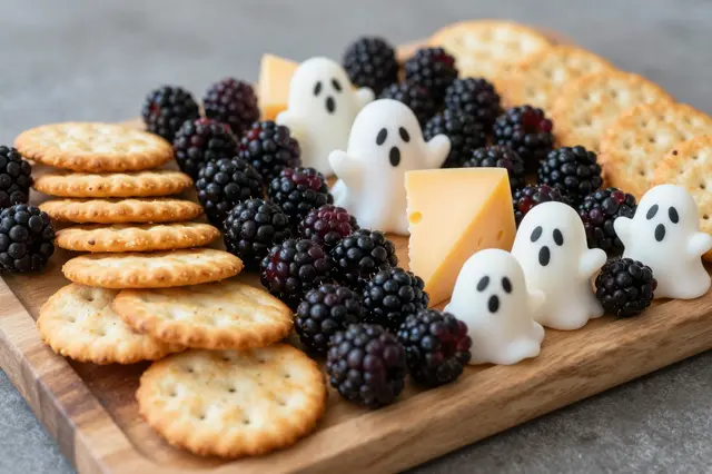 Wooden charcuterie board arranged with crackers, blackberries, cheese wedges, and tiny decorative cheese ghosts for
