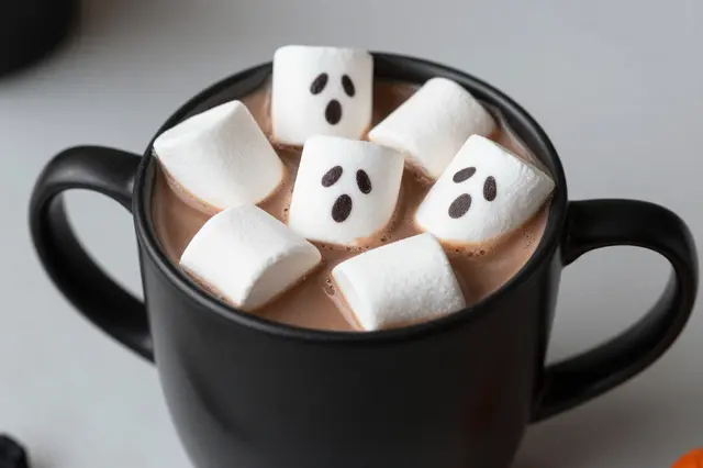 A black mug of hot chocolate topped with marshmallows drawn to look friendly ghosts for Halloween
