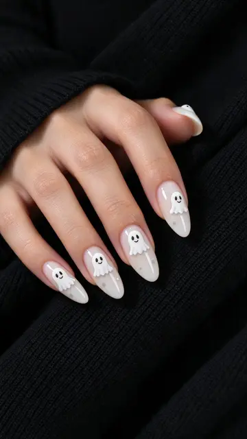 A hand resting on a black knit sweater displays almond nails with cute ghost Halloween decals.