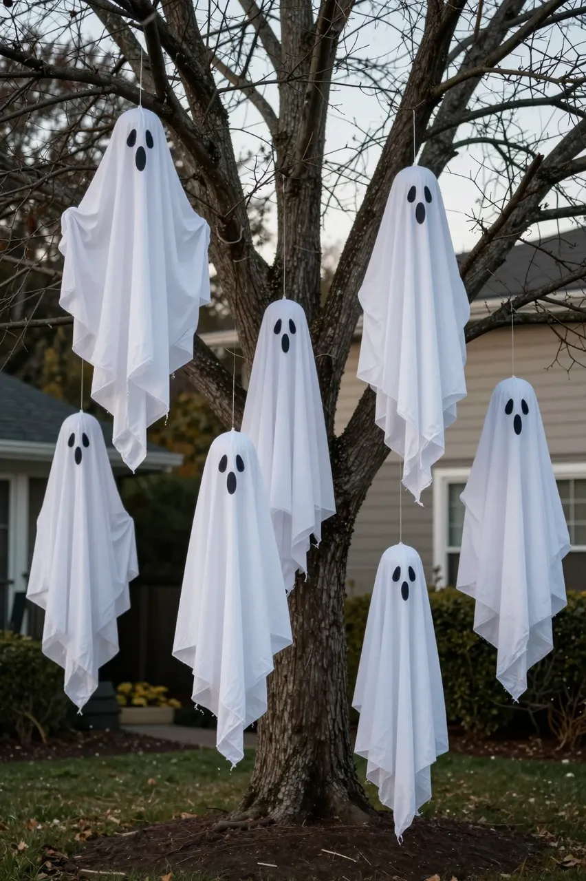 White cheesecloth ghost Halloween decorations hang from a bare front yard tree at dusk