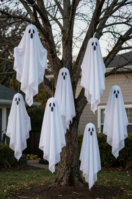 White cheesecloth ghost Halloween decorations hang from a bare front yard tree at dusk