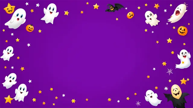 Cute cartoon Halloween ghosts, jack-o'-lanterns and stars frame blank purple copy space