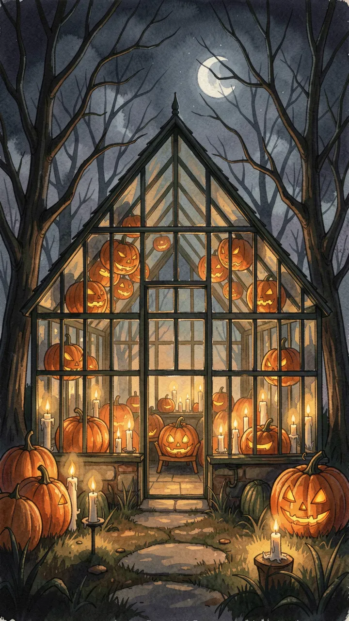 Glowing jack-o'-lanterns and candles fill a glass greenhouse under a crescent moon and bare trees at night