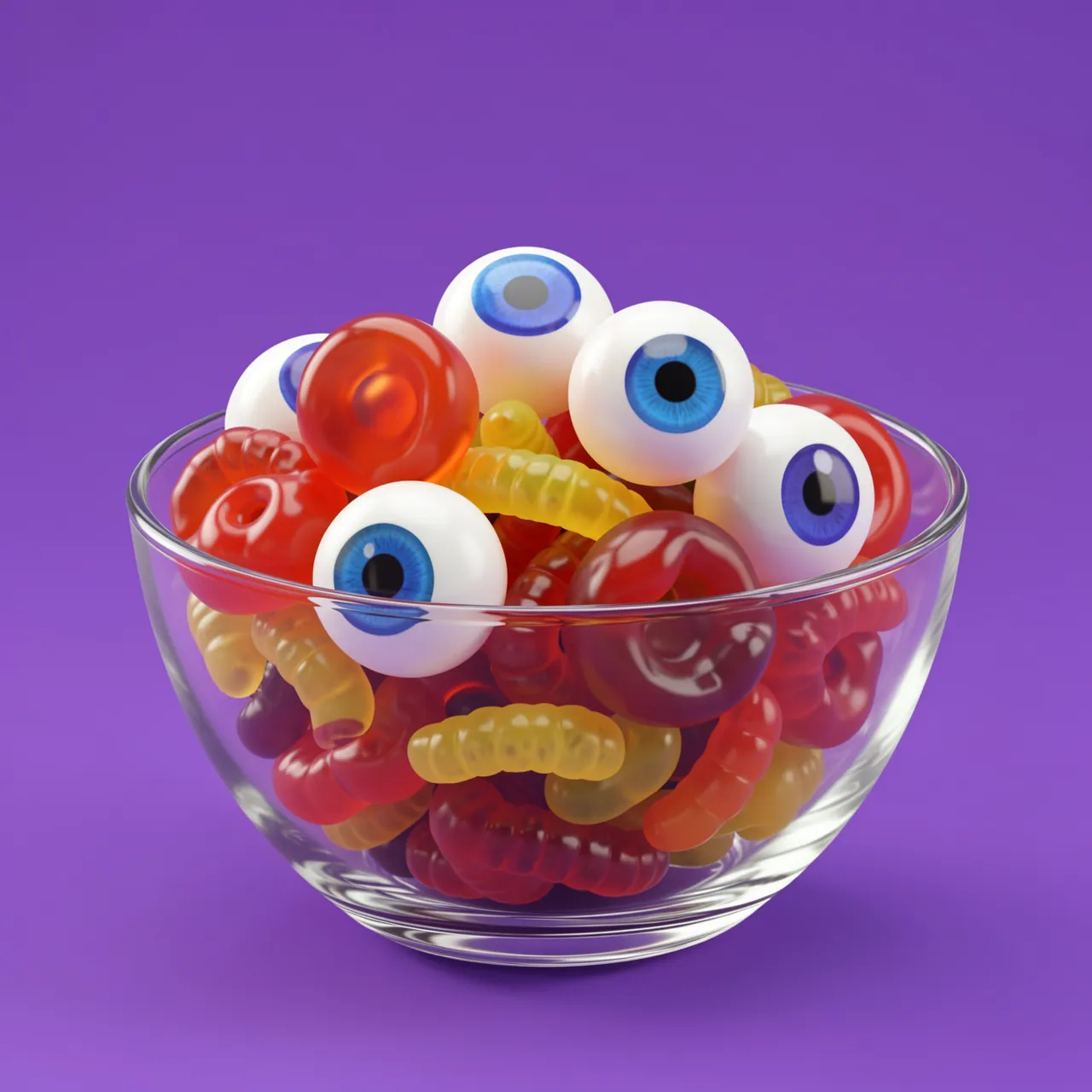 A clear glass bowl filled with gummy eyeballs and worms sits against a solid purple background