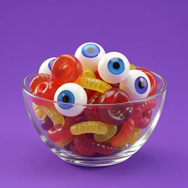 A clear glass bowl filled with gummy eyeballs and worms sits against a solid purple background