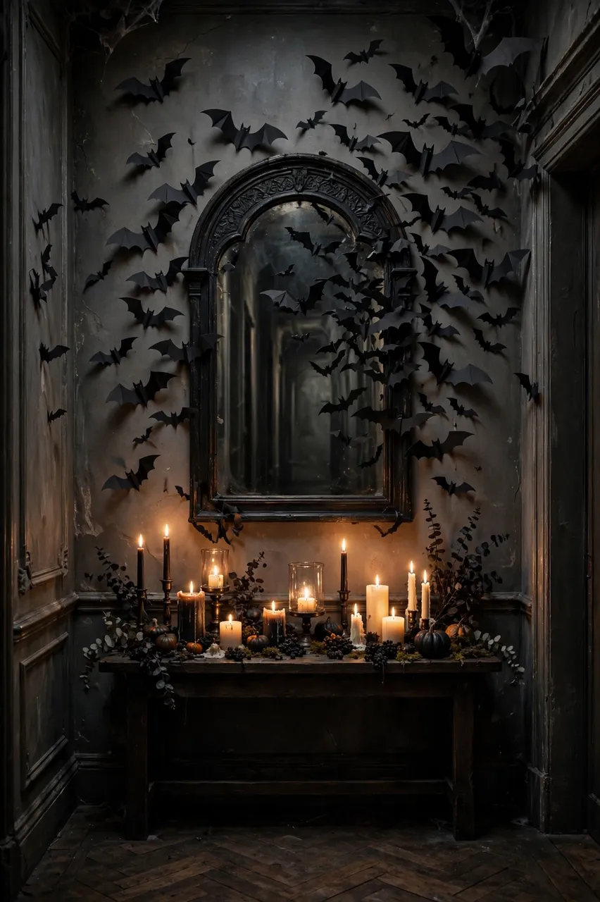 Dim vintage Halloween hallway with paper bats around an arched mirror above a candle-lit console table