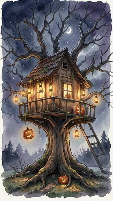 Watercolor illustration of a glowing lantern-lit haunted treehouse in a bare oak on Halloween night with jack-o'-lanterns