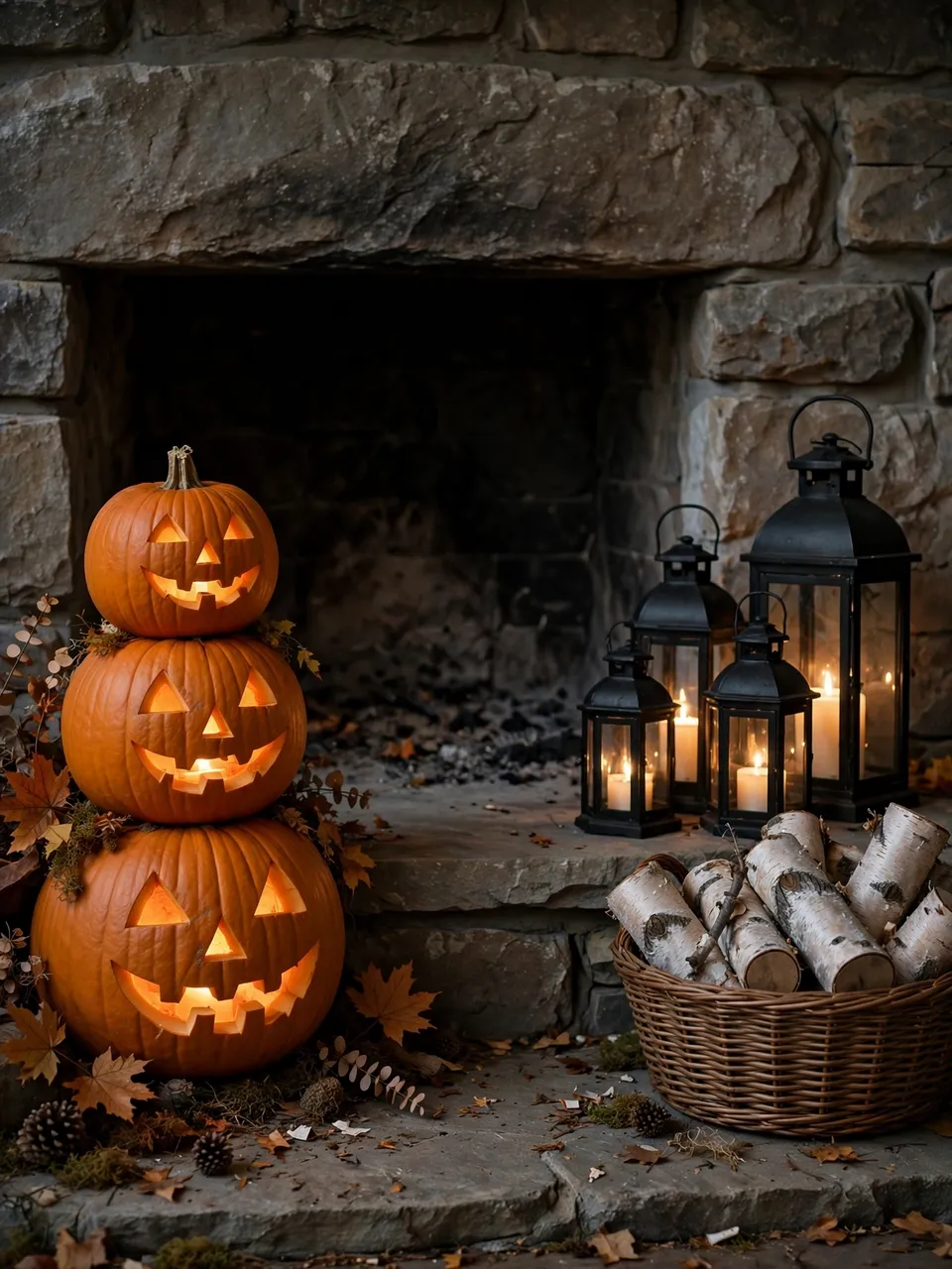Stacked glowing jack-o-lanterns, black candle lanterns and a birch log basket sit by a rustic stone fireplace