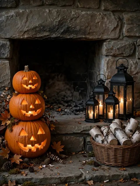 Stacked glowing jack-o-lanterns, black candle lanterns and a birch log basket sit by a rustic stone fireplace
