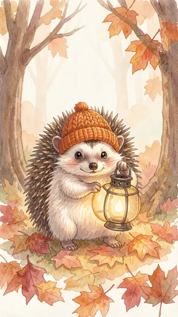 A cute hedgehog in an orange knitted beanie holds a glowing lantern on autumn fallen leaves