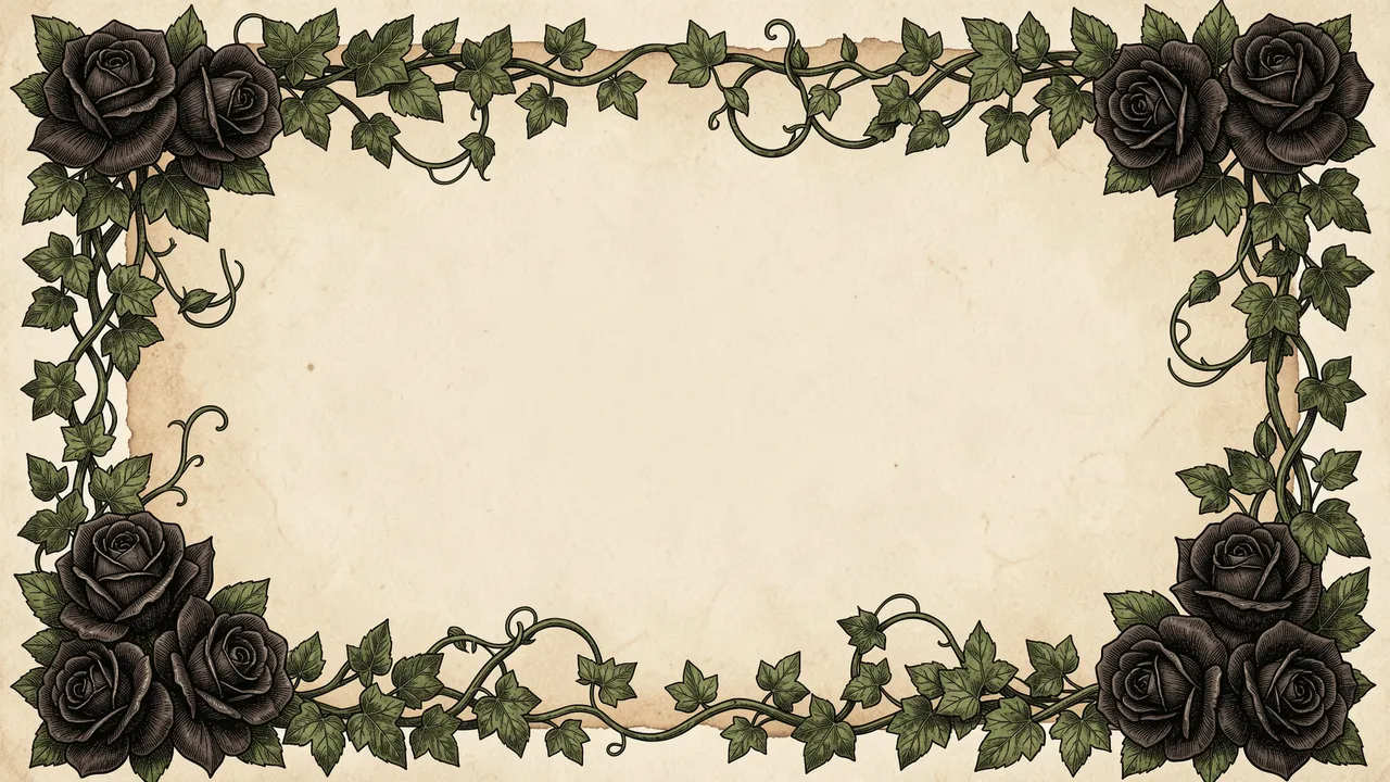 Vintage etching style frame of creeping ivy and black roses surrounding an empty aged parchment center