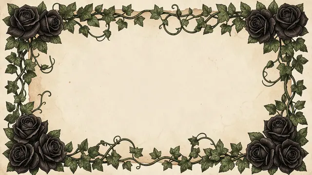 Vintage etching style frame of creeping ivy and black roses surrounding an empty aged parchment center