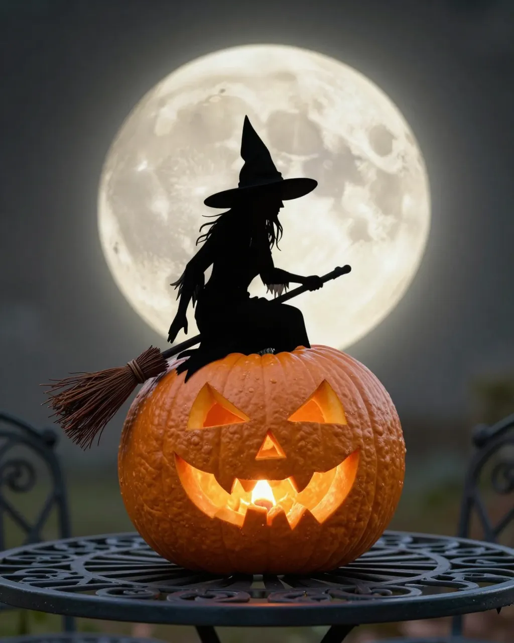 Glowing carved jack-o'-lantern on a wrought iron table with a witch silhouette and full moon behind it