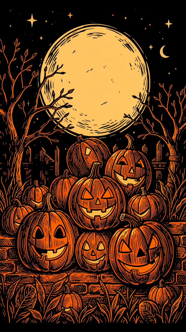 Linocut illustration of glowing jack-o'-lanterns stacked on a brick wall under a large full moon at night