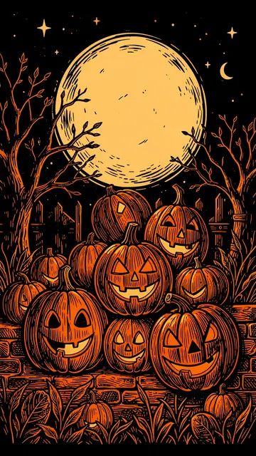 Linocut illustration of glowing jack-o'-lanterns stacked on a brick wall under a large full moon at night