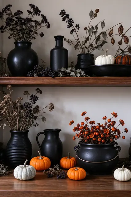 Stylish Halloween decor arranged on wooden shelves with black ceramics, mini pumpkins and dried botanicals.