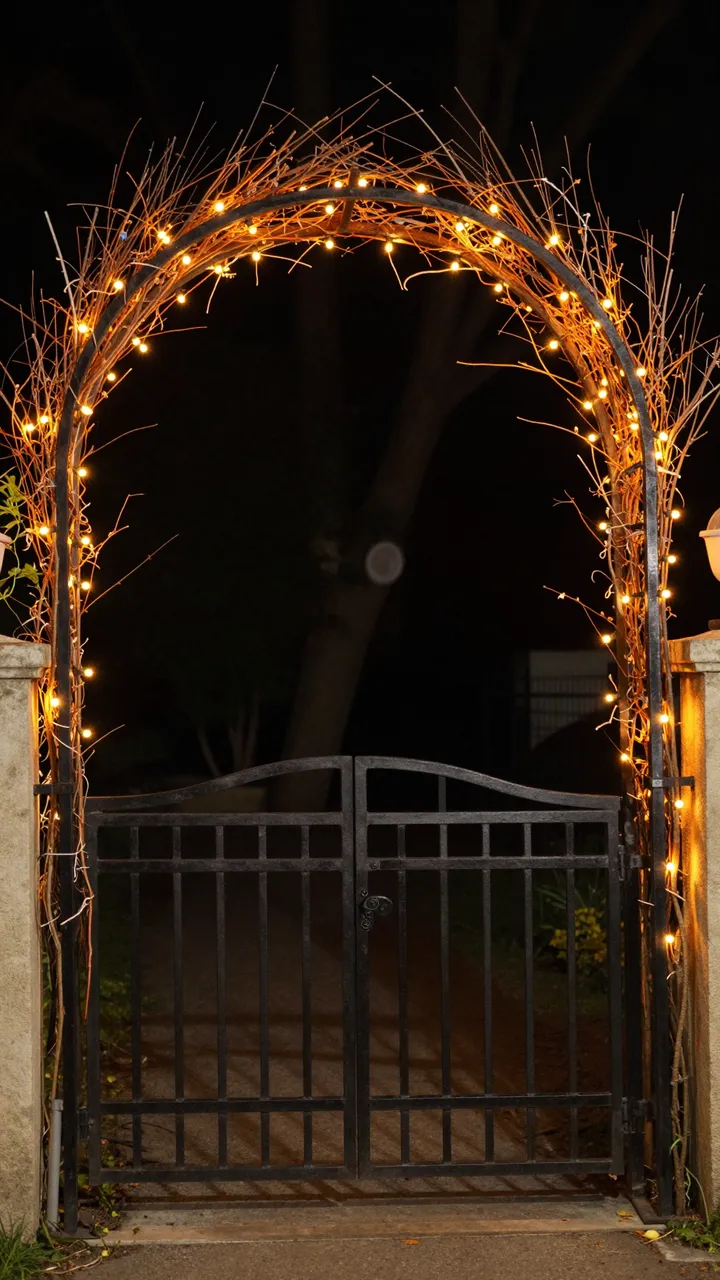 A nighttime garden gate framed by a twig arch strung with glowing orange fairy lights for Halloween