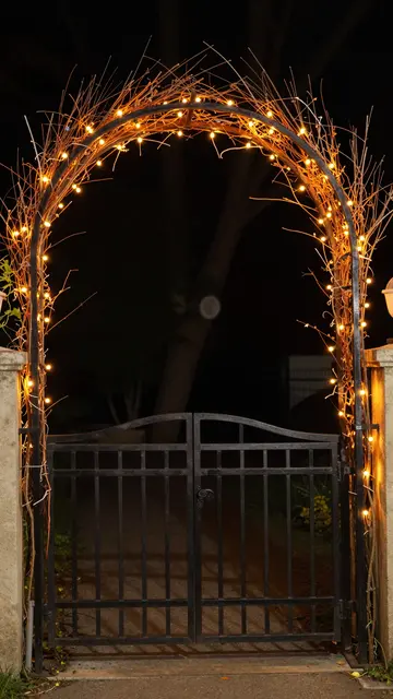 A nighttime garden gate framed by a twig arch strung with glowing orange fairy lights for Halloween