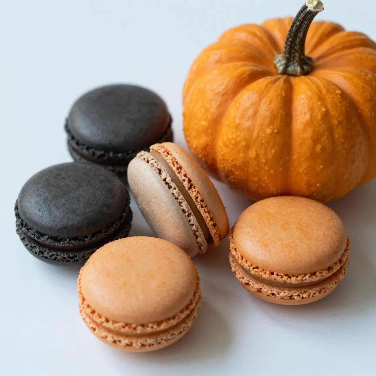 Orange and black macarons arranged next to a small decorative pumpkin on a plain light surface