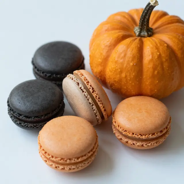Orange and black macarons arranged next to a small decorative pumpkin on a plain light surface