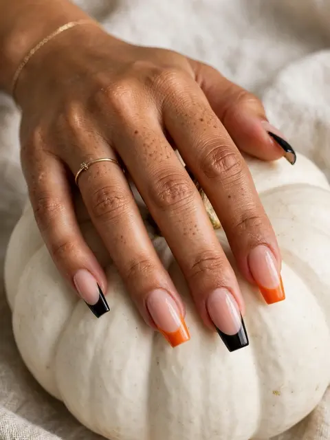 A woman's hand with orange and black French tip coffin nails rests on a small white pumpkin.