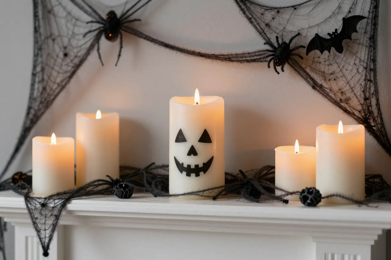 Lit candles, jack-o'-lantern decor and fake spider web decorations adorn a white fireplace mantel for Halloween